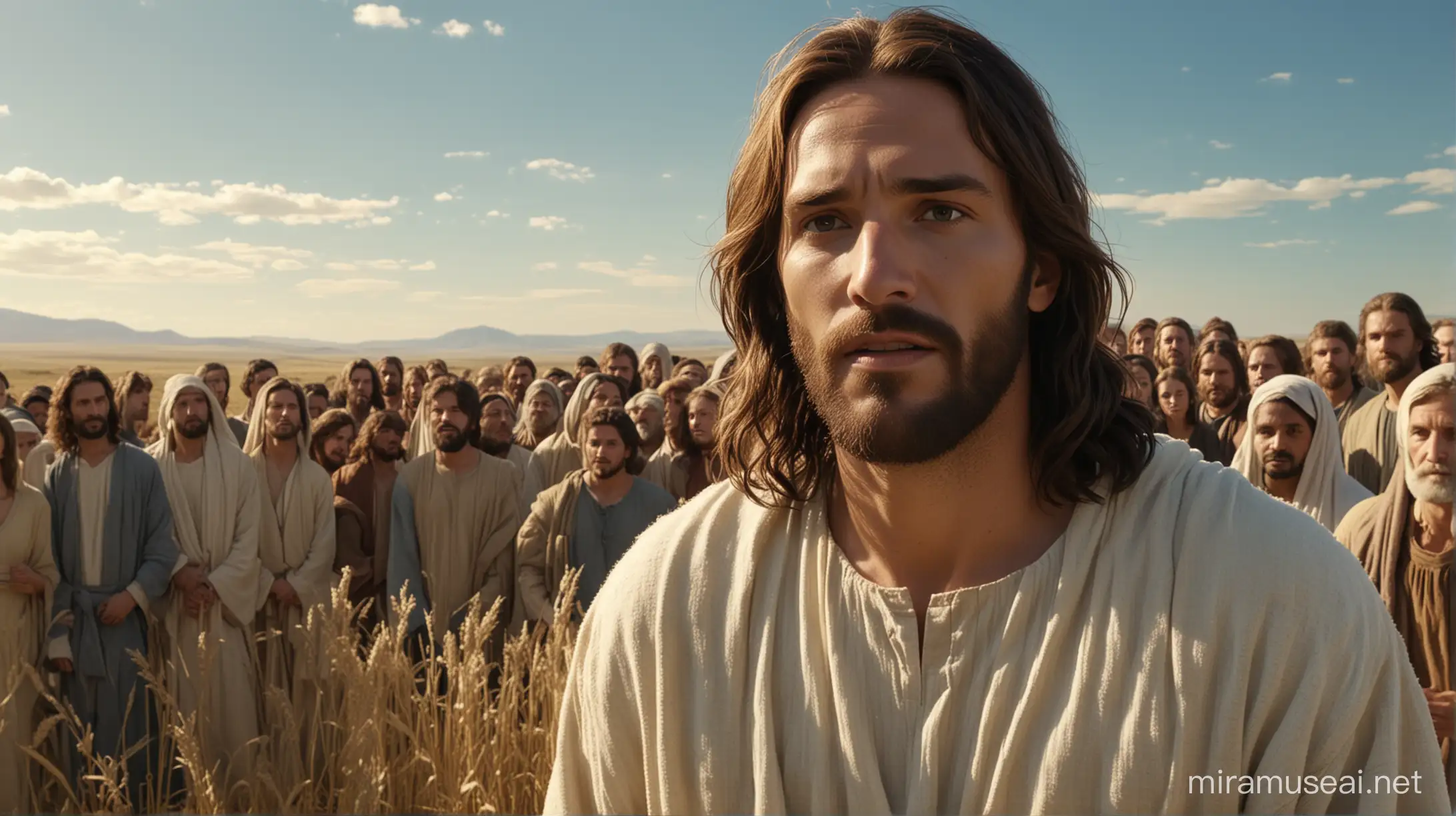 create an image of Jesus in an open field with a group of people listening to him speak, under a serene blue and sunny sky. 6k resolution, more realistic, based on the movie The Passion of the Christ.