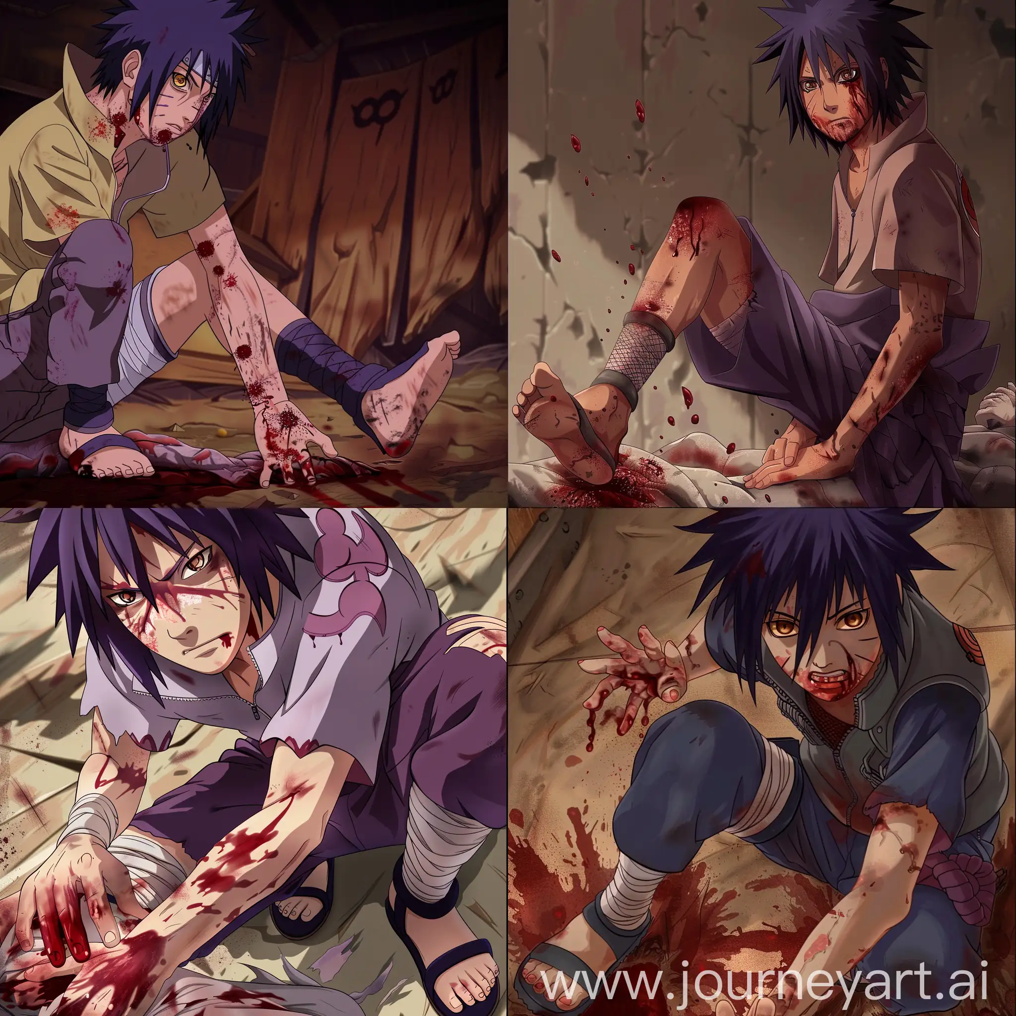 style of naruto, Juusan, a chunin from Amegakure, nagato haircut, dark purple hair, brown eyes, bloodied face, blood on hands, standing with his foot on a corpse