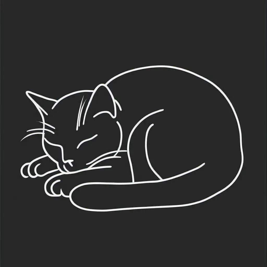 A drawing of a sleeping cat in one-line drawing, figure outline only, single line, simple, in the style of one-line, single line drawing, white line on black background, no background, clean lines, minimalistic, simple, T -shirt design graphic, vector, contour,