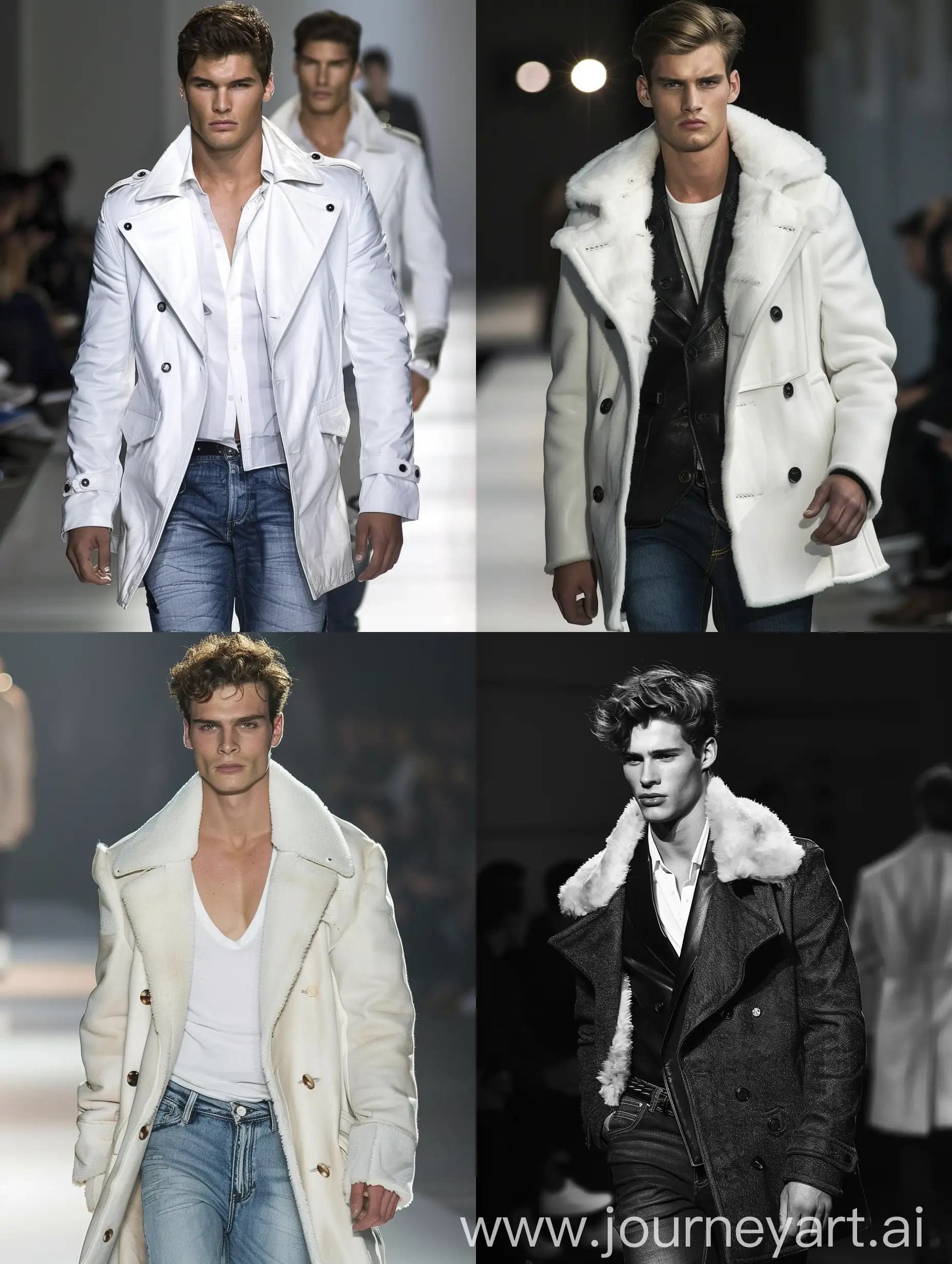 Male model handsome slim runway jeans coats leather white white 