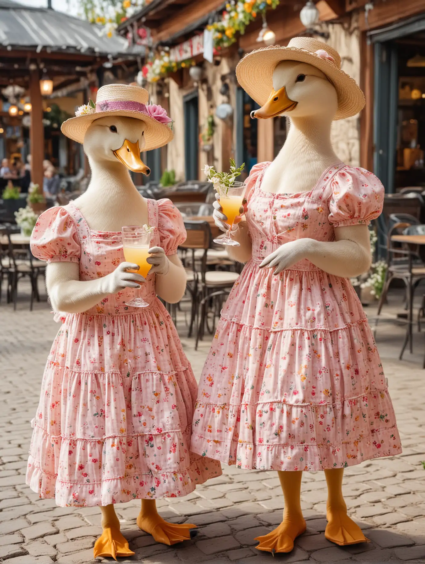 Quirky-Scene-Ducks-in-Sundresses-Enjoying-Cocktails-at-Restaurant