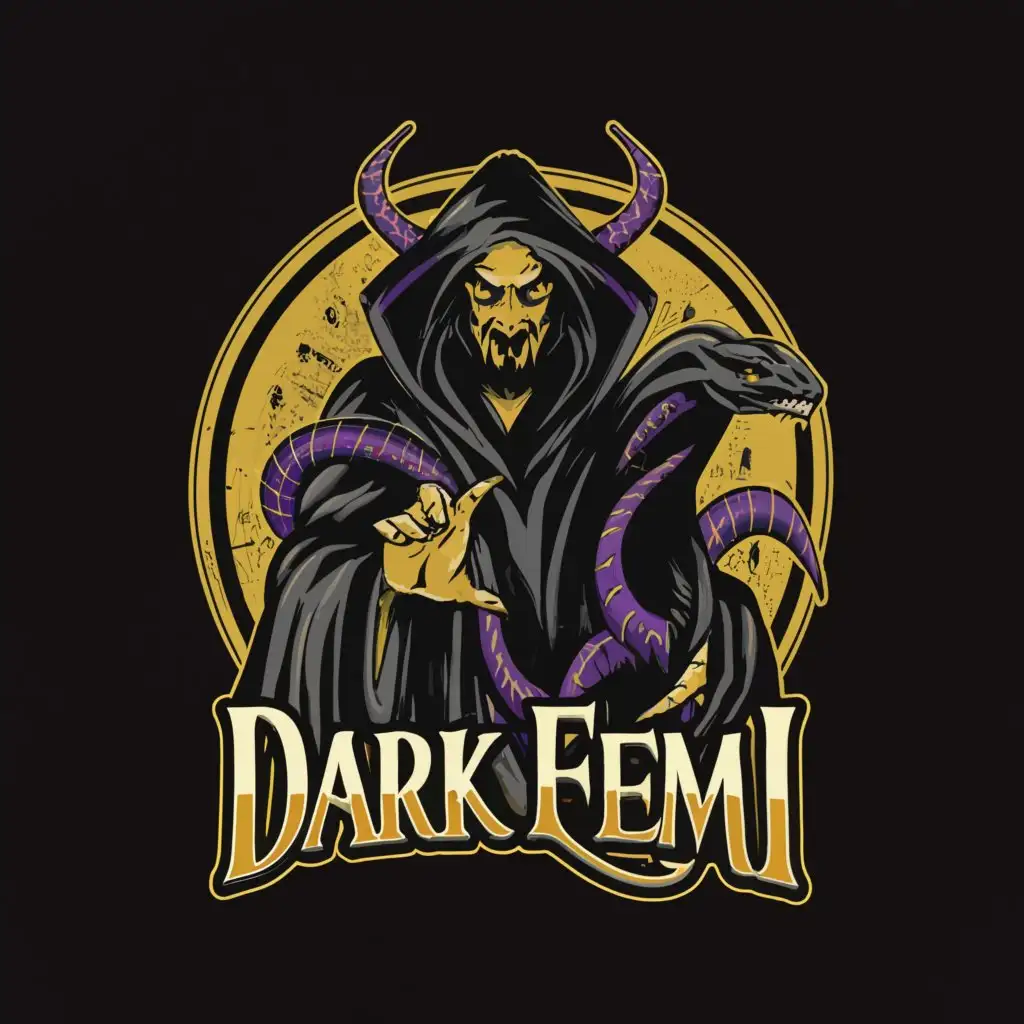 a logo design,with the text "Darkfemi", main symbol:evil dark Wizard and a black mamba,complex,clear background