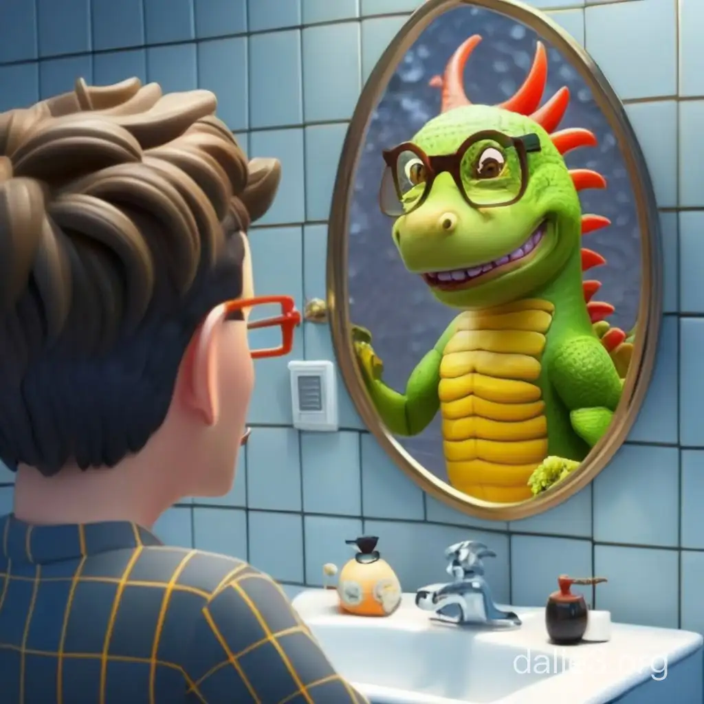 Мужчина в очках смотрит в зеркало в ванной комнате. В зеркале он видит милого ребенка дракона ярко-зелёного цвета с желтым гребнем на голове без очков. В стиле 3D рендер