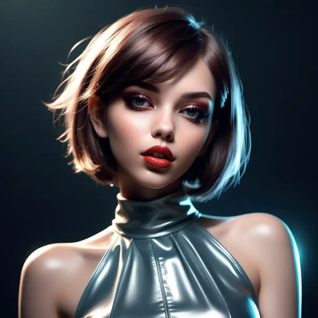 Fantasy Style Illustration of Glamorous Girl with Bob Cut Hair and Trendy Outfit