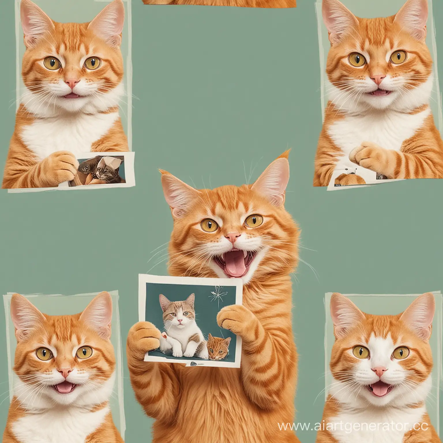 illustration of a very happy orange cat holding three photos of cats