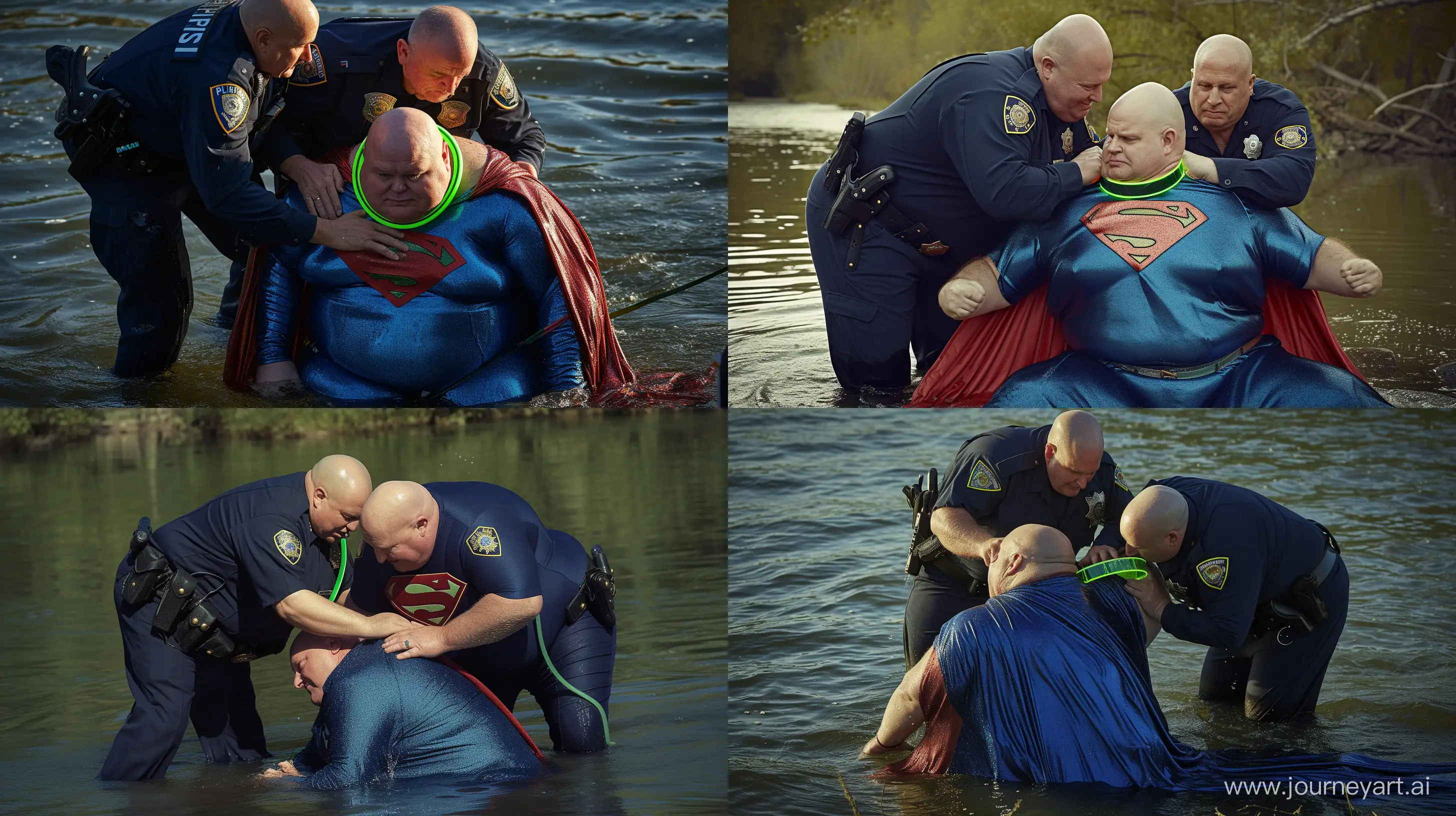 Photo of two chubby men aged 70 wearing a wet navy police uniform bending behind and tightening a green shiny neon dog collar on the nape of another chubby man aged 60 wearing a blue silky tight superman costume with a large silky red cape sitting in the water. River. Bald. Clean Shaven. --ar 16:9 --style raw