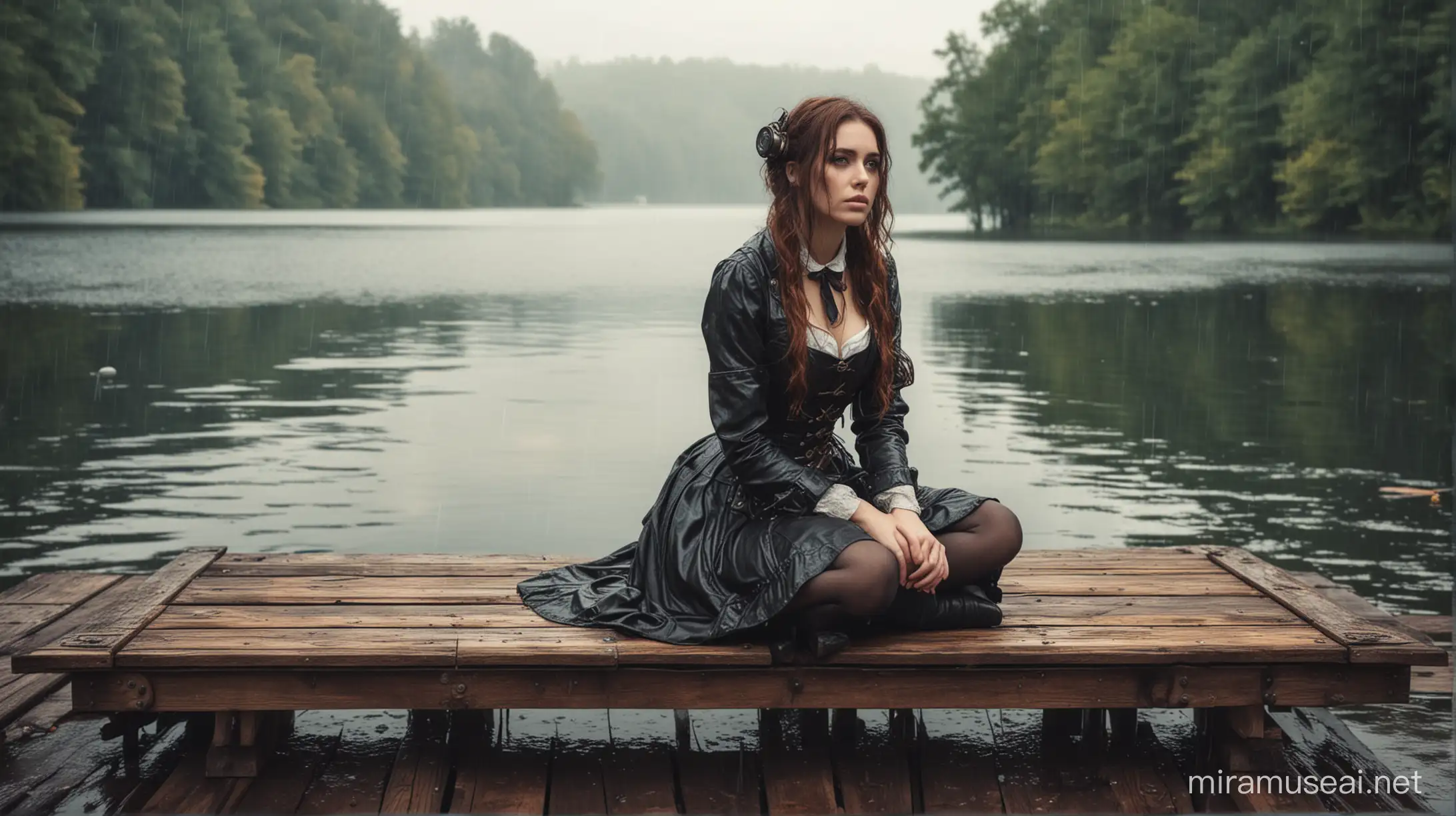 young steampunk woman sits at the end of a wooden platform on the lake. the woman is very sad. rainy