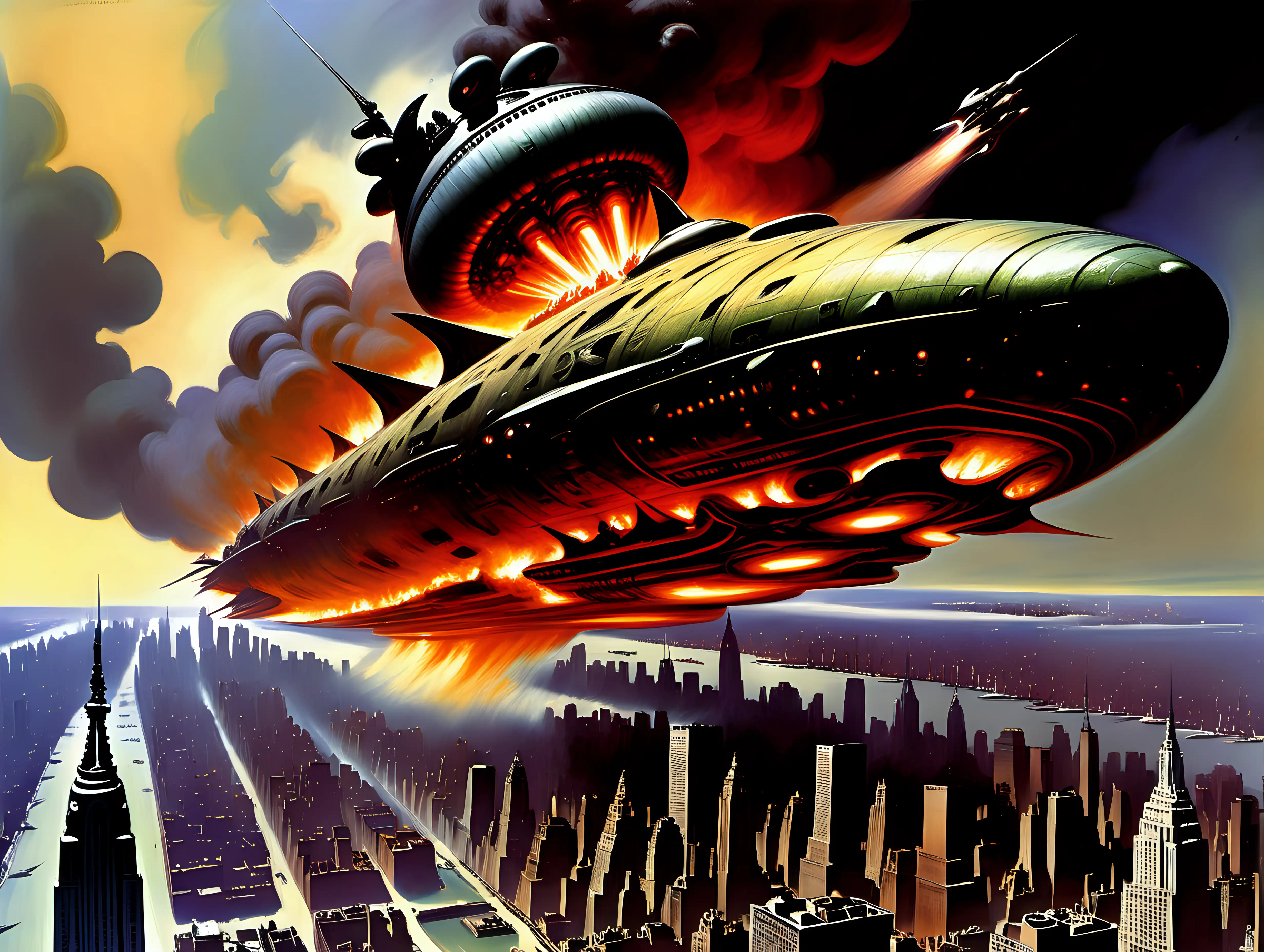 alien spacecraft attacking NYC on fire in 1940   Frank Frazetta style
