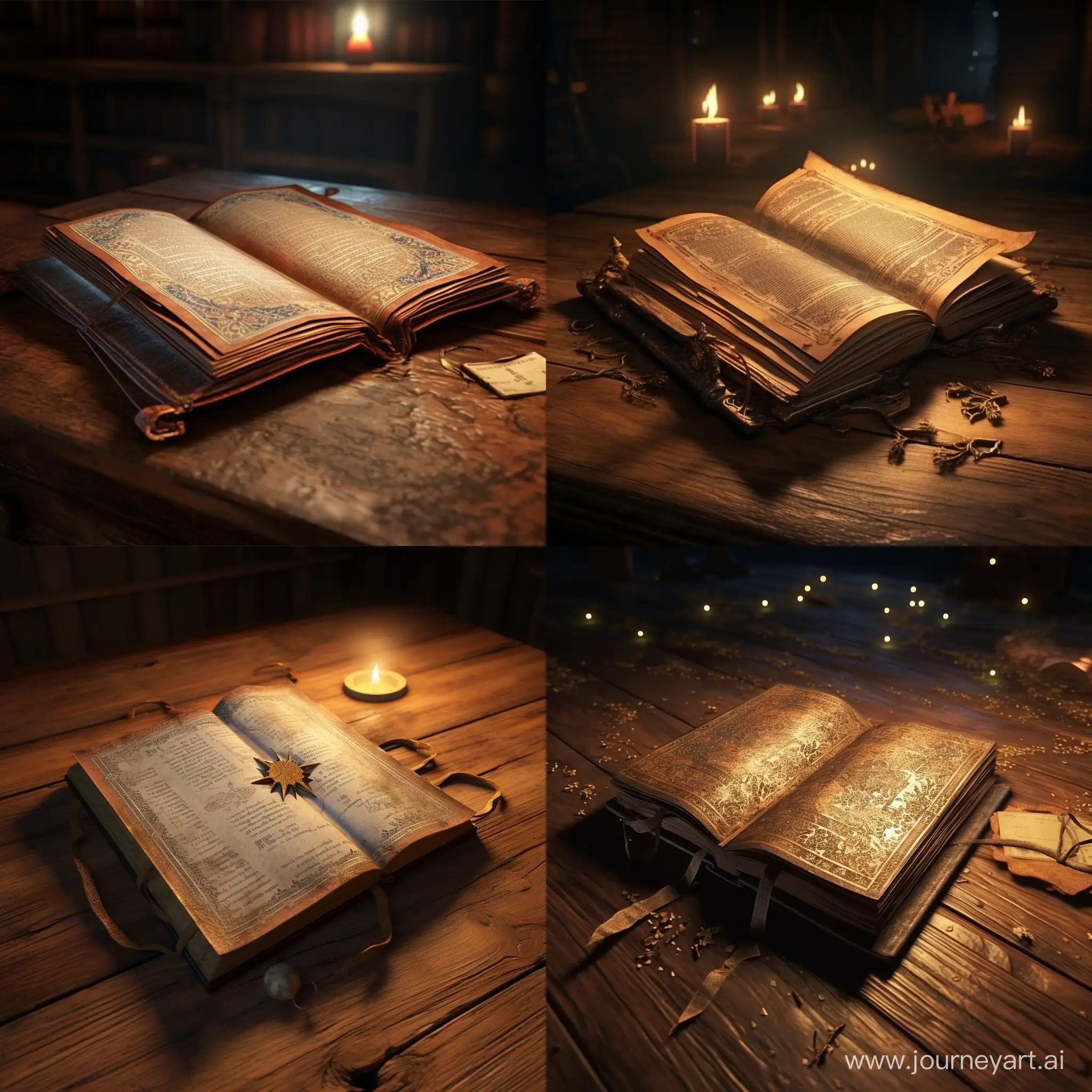 An ancient book lies unfolded on a wooden table. 3D animation 