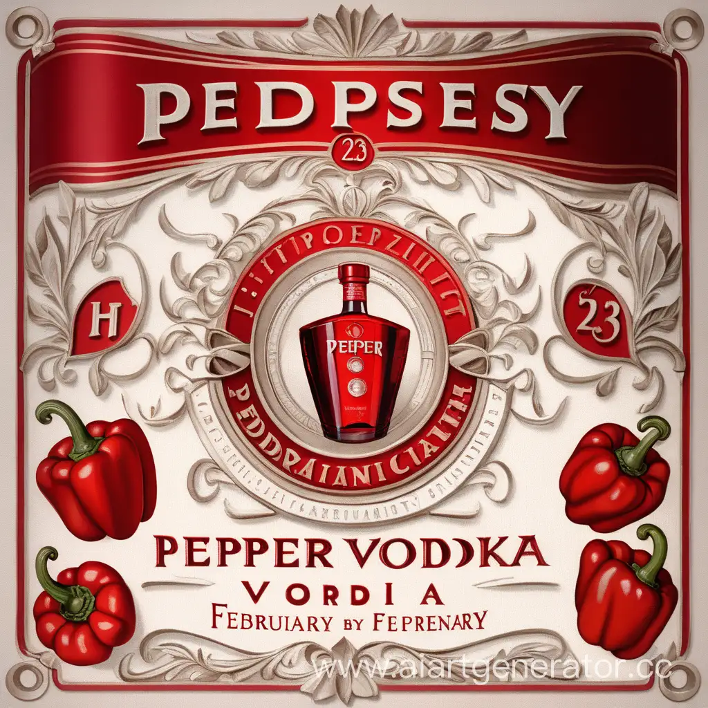 Label on a bottle of pepper vodka with the theme of February 23 from the geodesy department