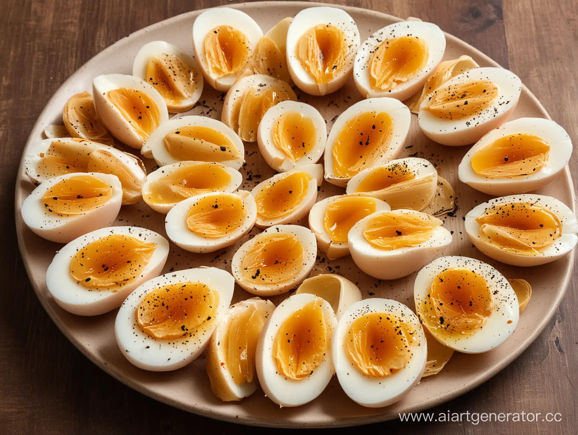  изображение копченных перепиленных яиц на тарелке 