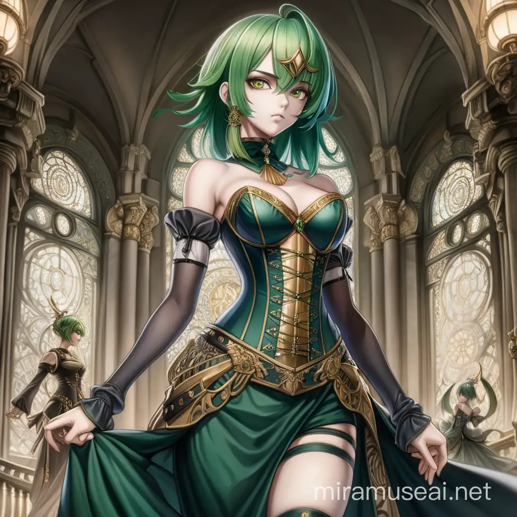 High detailed, Noble Lady, Frightening Appearance, Anime Style, Manga Style, Drawing, Attractive Girl, Green Hair, Golden Eye, Villainous Look, Tall stature, Ashen Skin, Darker Tone, Elegance, Revealing Dress, Corset, Full Body, Temple on the background.