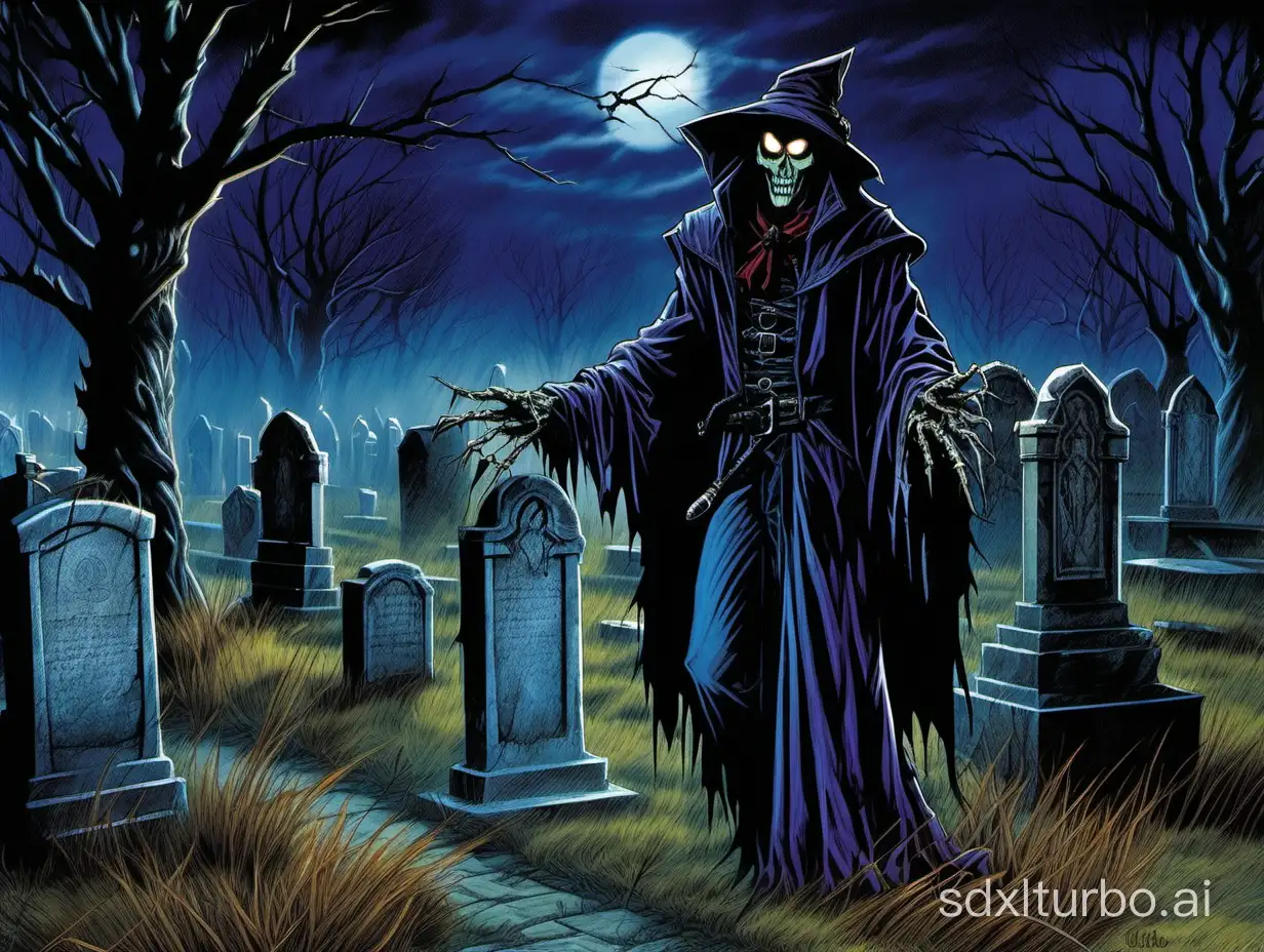 a scarecrow:ghoul:warlock in a cemetery, at night, dreadful dark and moody atmosphere,  close up, 16bit color, highres, detailed, realistic, style of Ravenloft, style of 1993 Dungeons and Dragons, by Clyde Caldwell