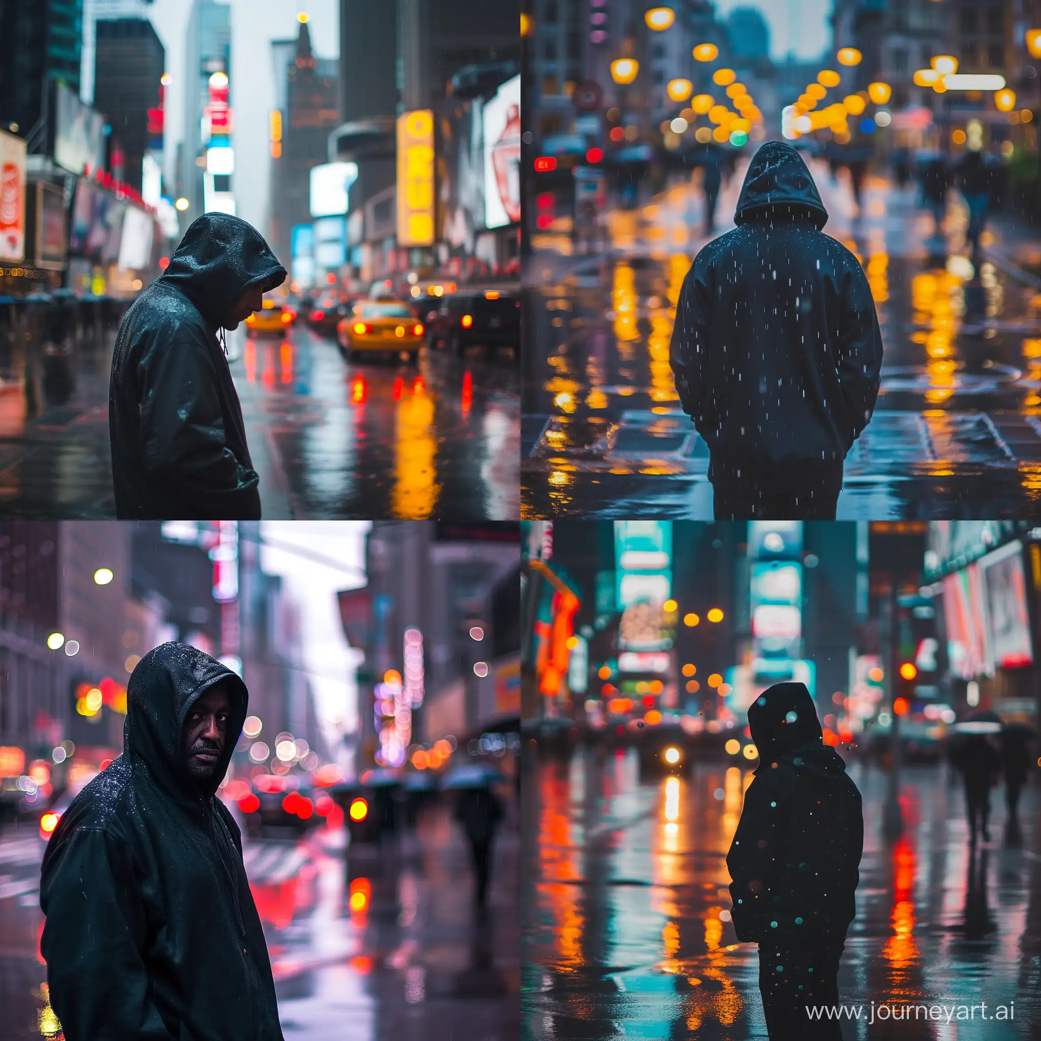 Create a visual poem on the streets with a wide-angle shot of a man in a hoodie amidst a downpour. Emphasize the reflections on wet pavements and the shimmering lights in the rain. Use creative framing to capture the cinematic essence of the urban environment. Focus on the details of the hoodie and the expression of the person, telling a story within the frame.
 --v 6