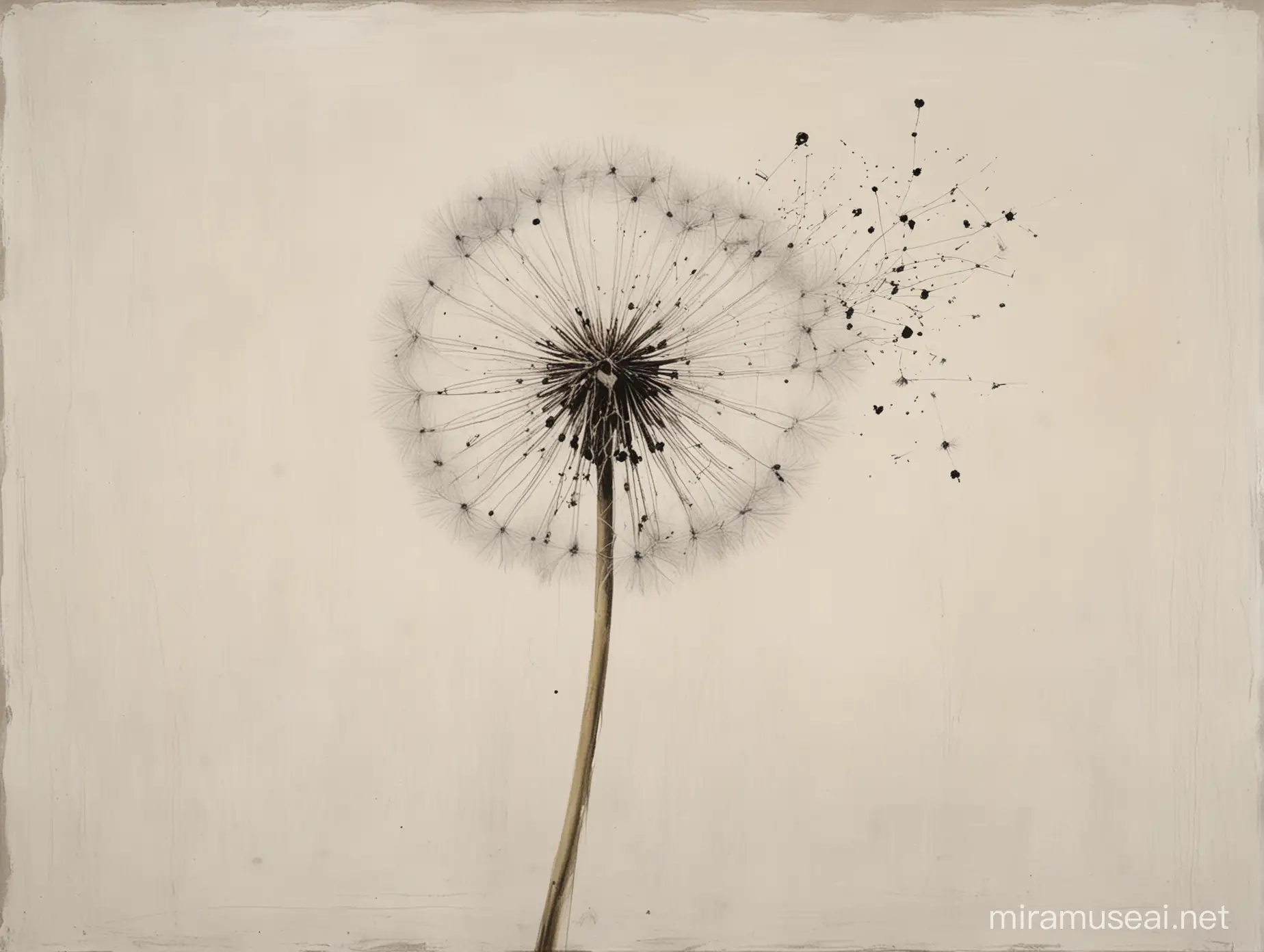 abstract and minimalist painting of a dandelion with seeds blowing in the wind; Abstract art; Oil, Ink; by Mark Rothko, Agnes Martin, and Yoko Ono