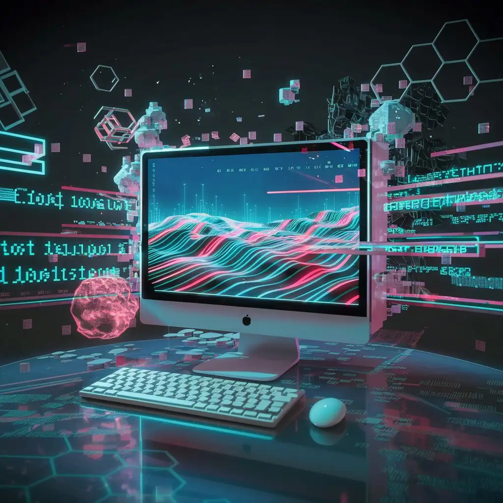 Generate an image featuring a computer surrounded by floating web design elements. The design should have a digitalized and pixelated appearance, creating a visually appealing and futuristic atmosphere. Highlight some digital elements as well,  tech and honeycomb details.







