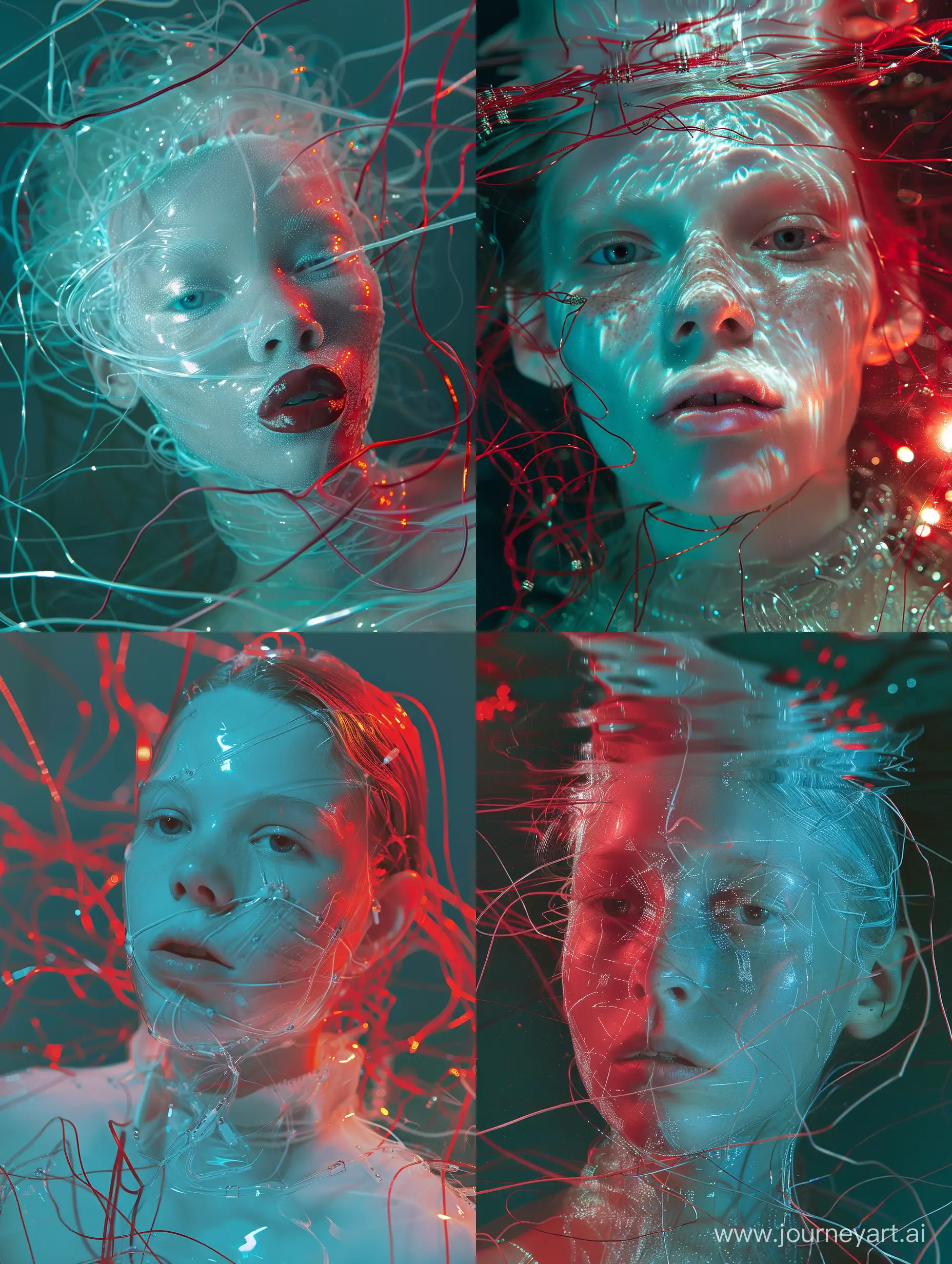 Tim Walker's haute-couture frontal portrait of clear white ethereal young woman with translucent skin drowning in sea of wires. Red and cyan hues, glowing highlights, dark shadows --v 6.0