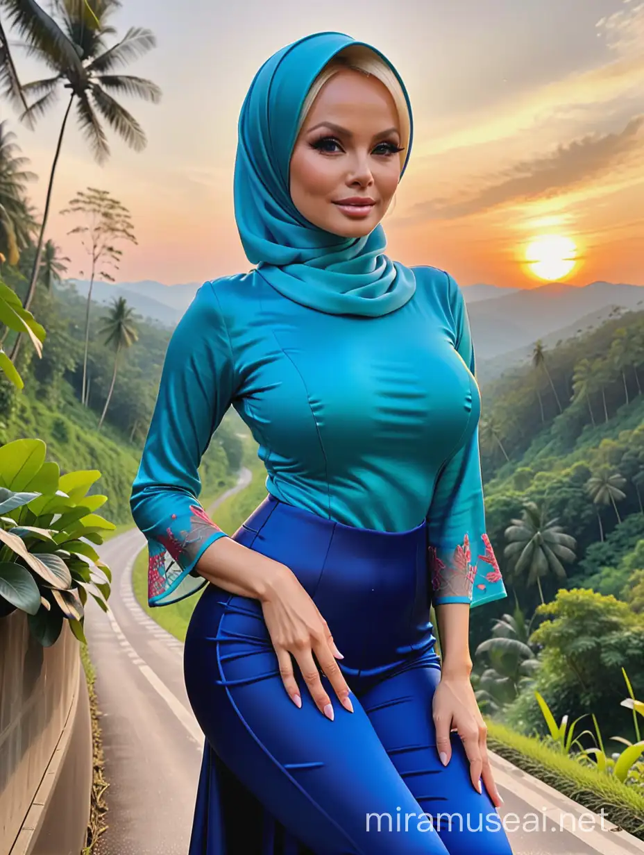 Majestic Forest Sunset Indonesian Hijab Model in Mini Satin Kebaya and Tight Leggings
