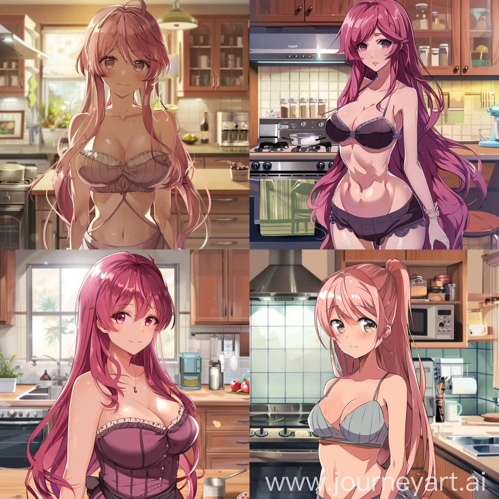 A young woman with a busty figure, long pink hair, looks motherly, in a kitchen background, anime style 