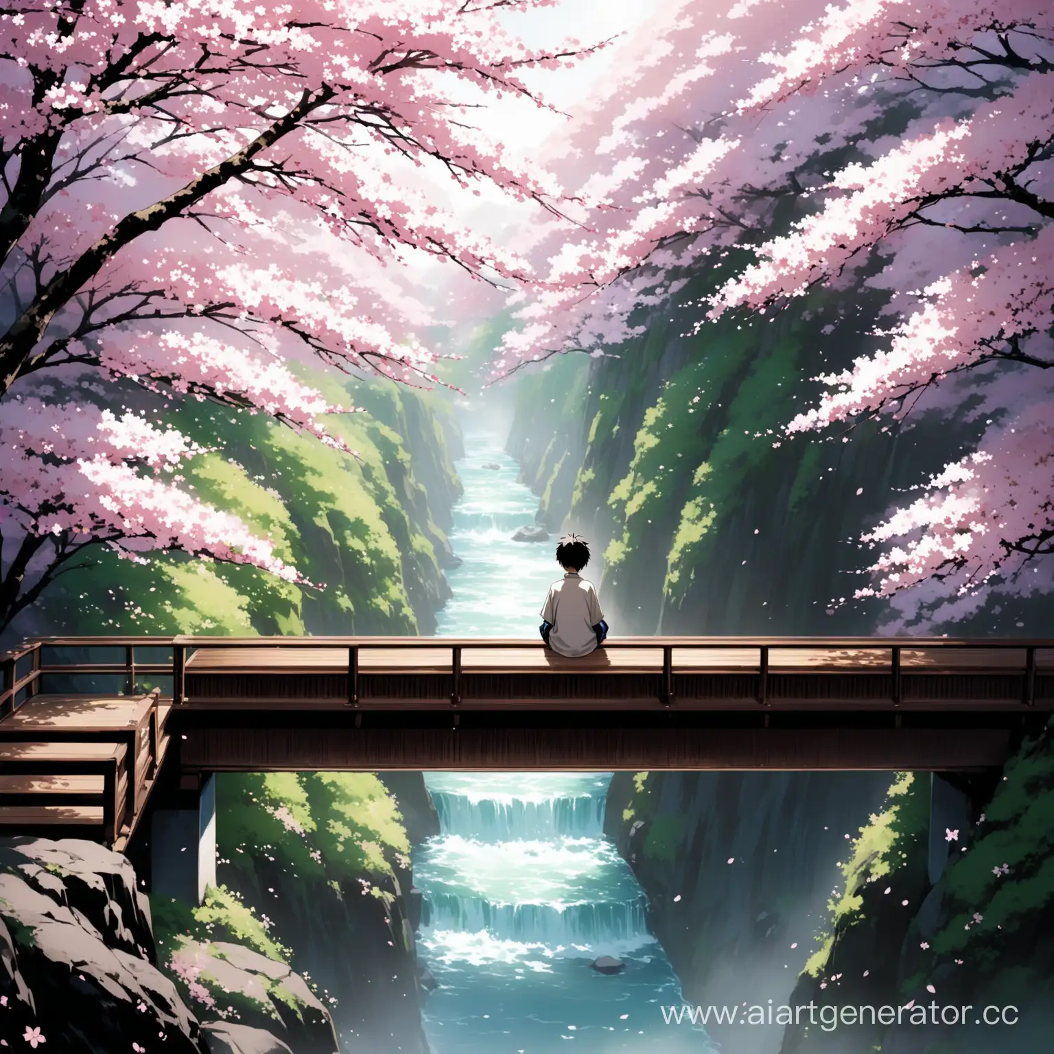 мальчик , сидит на мосту в японии и глядит в пропость а рядом пакуры с сакурой.
и никнейм внизу белым chocopaika0736
