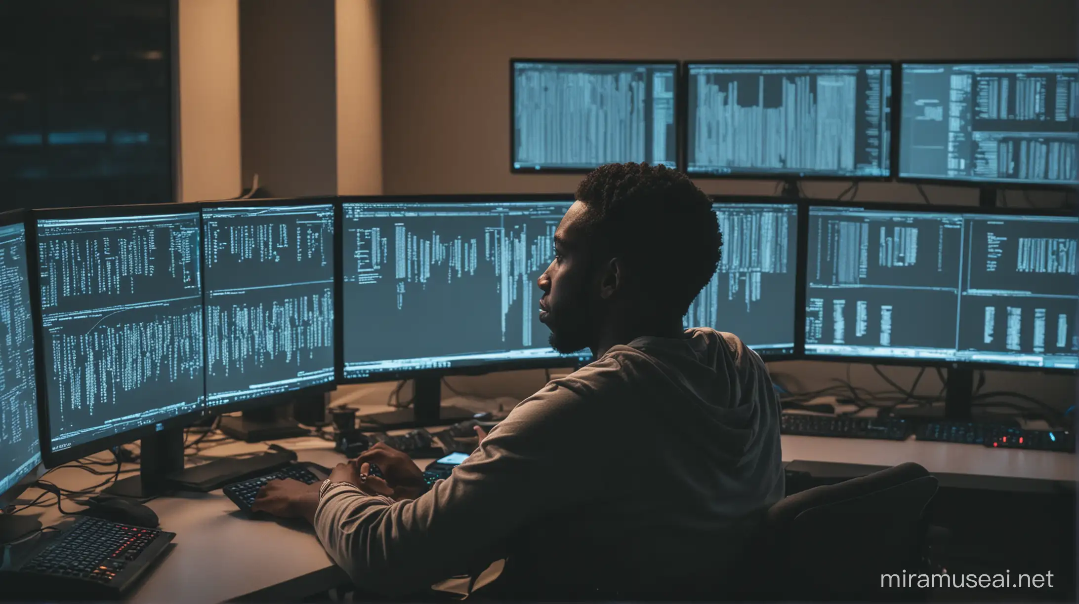 black man sitting in front of multiple computer screens coding