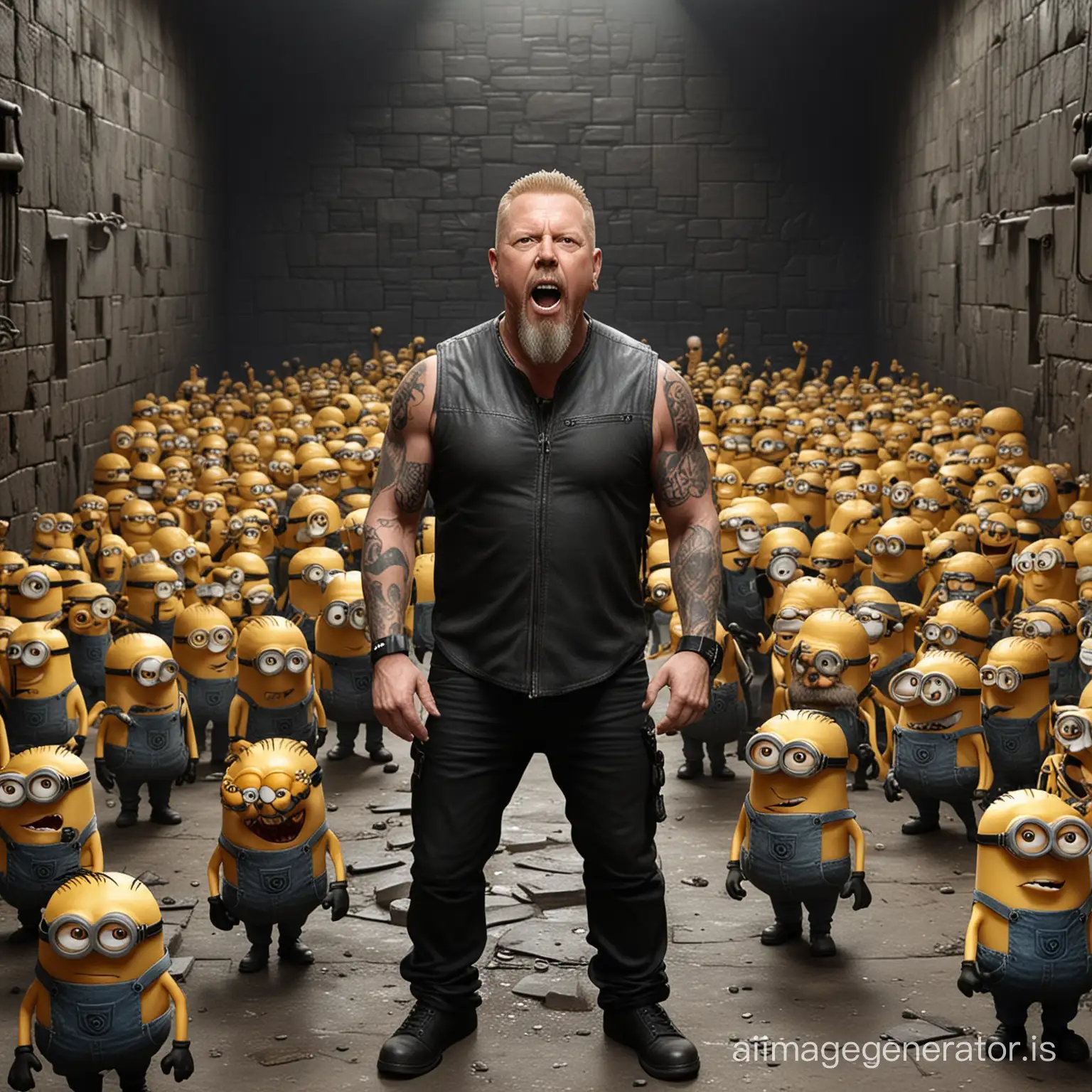 James Hetfield full body bald head with beard surround by minions, in a dungeon, 3d, detailed, realism