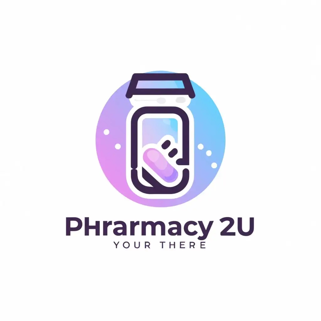 a logo design,with the text "Pharmacy2u
Genuine Prescription Medications
", main symbol:Pharmacy Prescription pill bottle with pills inside, labeled on bottle reading Rx - use purple,  blue, light and pink with white background,Moderate,be used in Medical Dental industry,clear background