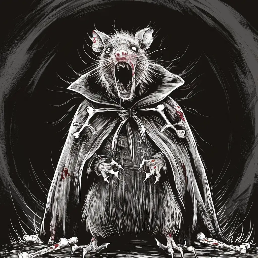 a scary evil, rat wearing cloak standing. front view, screaming. Horror , gory. White line drawing on a black background . In the style of a detailed drawing