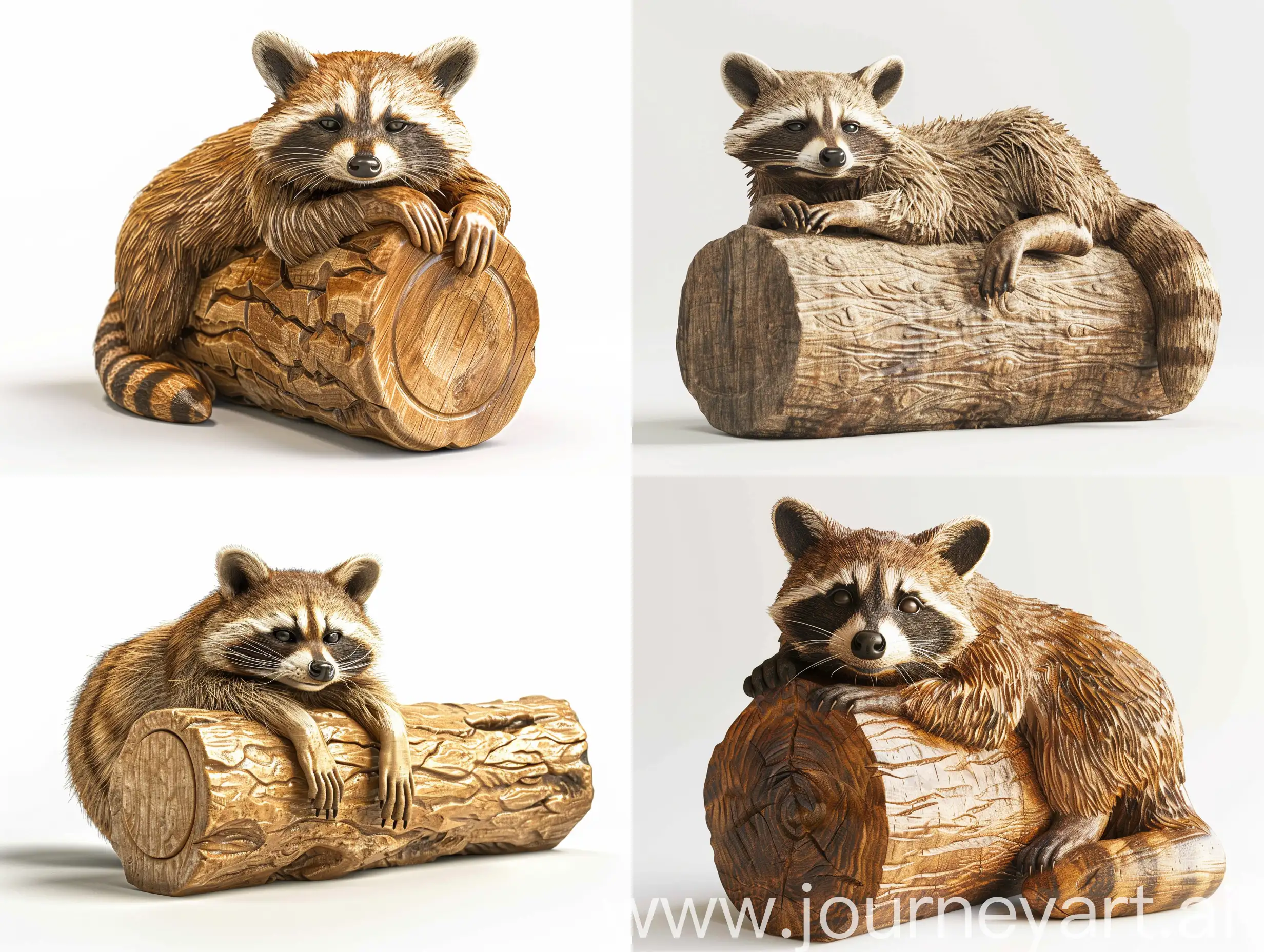 Professional sketch for wooden sculpture, a full-length a raccoon resting on a cylinder full-face and in profile, professional dynamic character, wood carving, white background, 8k Render, ultra realistic