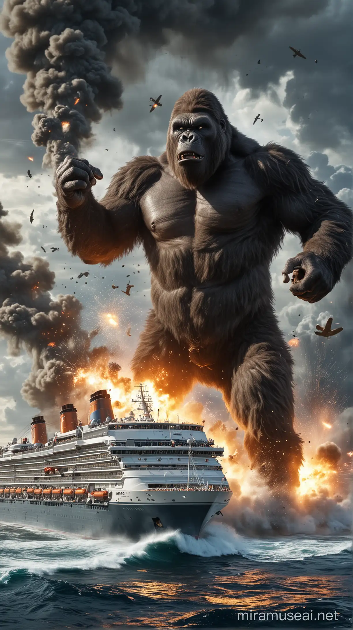 Giant Ape Rampages on Cruise Ship Amid Explosions