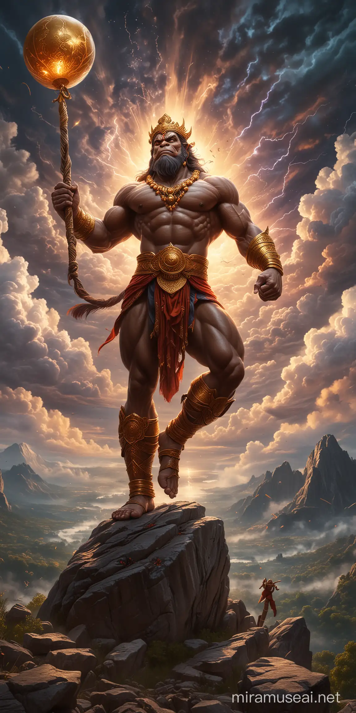 God Hanuman very muscular, holding a Golden hammer with balloon head in right hand pointing to the sky, wearing golden crown, standing on a hill top, one leg stepping on a big rock, battle field in the background, detailed and intricate environment, dynamic pose, muscles defined with chiseled aesthetics, vivid, ultra realistic.

Thunders roar and lightning dances in the sky, painting it with wild, vibrant colors. Each bolt of electricity illuminates the darkness, revealing the intricate patterns of clouds swirling like celestial brushstrokes. The rumble of thunder echoes through the air, shaking the earth beneath with its power. Nature's own fireworks display, a spectacle sky.