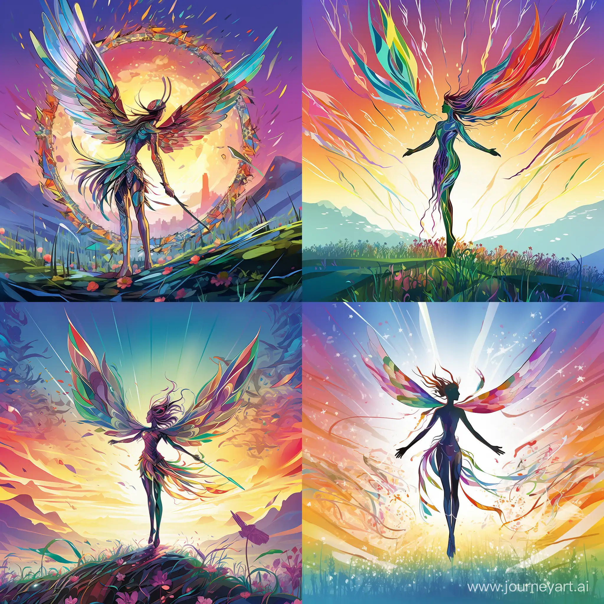 color, Simple image, simple line, with hummingbird, Full body, Full figure, flying pose, blades, kinetic waves that look like cuts, with power of wings as sharp as blades, wings of blades, cutting effect, small compared to the whole image , colorful, meadow background, fantasy character, fantasy style, d
