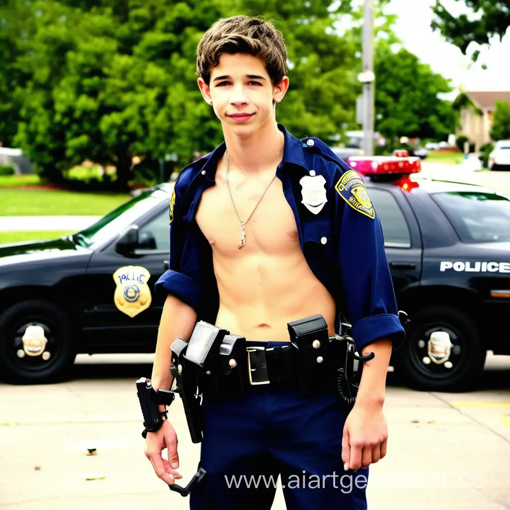 cute uriah shelton police officer shirtless, arrested, handcuffed, in full length