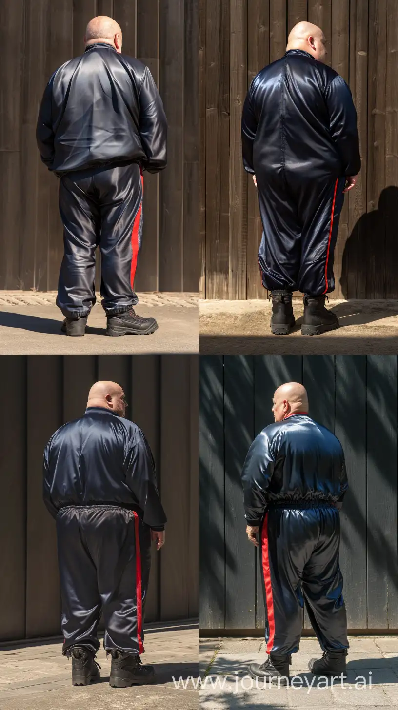 Front view fashion photo of a chubby man aged 70 wearing a silky navy tracksuit. There is a red vertical stripe only on the side of the pants. Black Hiking Boots. Direct Sunlight on his behind. Bald. Clean Shaven. Outside. --style raw --ar 9:16 --v 6