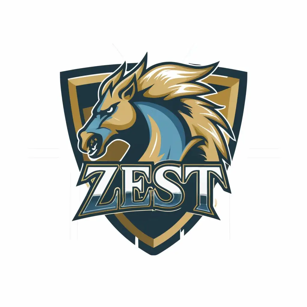 a logo design, with the text 'ZEST', main symbol: HORSE ANGRY INSIDE A SHIELD READY TO RACE, Moderate, clear background horse should be golden and shield blue