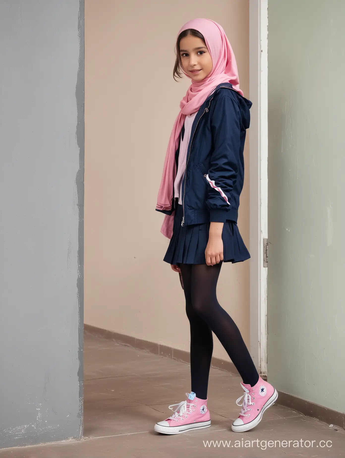 Extremely skinny little girl, 12 years old, hijab, pink jacket, navy blue knee above school skirt, black opaque tights, white converse shoes, close up pov, near the wall, bending