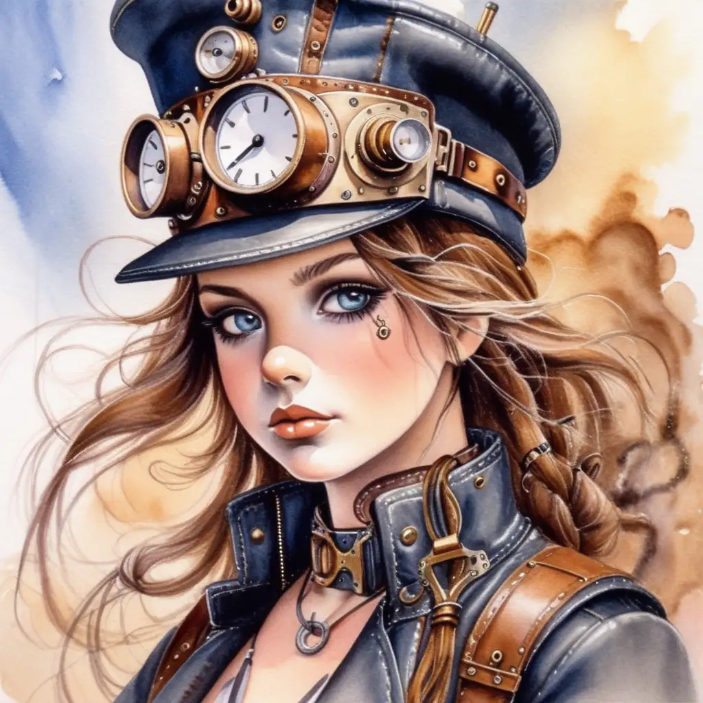 Enchanting Steampunk Girl in Vibrant Watercolor Illustration