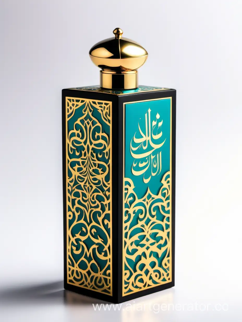 Dark dark matt black and gold Turquoise  luxury perfume rectangle vertical box 75% lines with arabesque pattern Arabic Calligraphy on white background