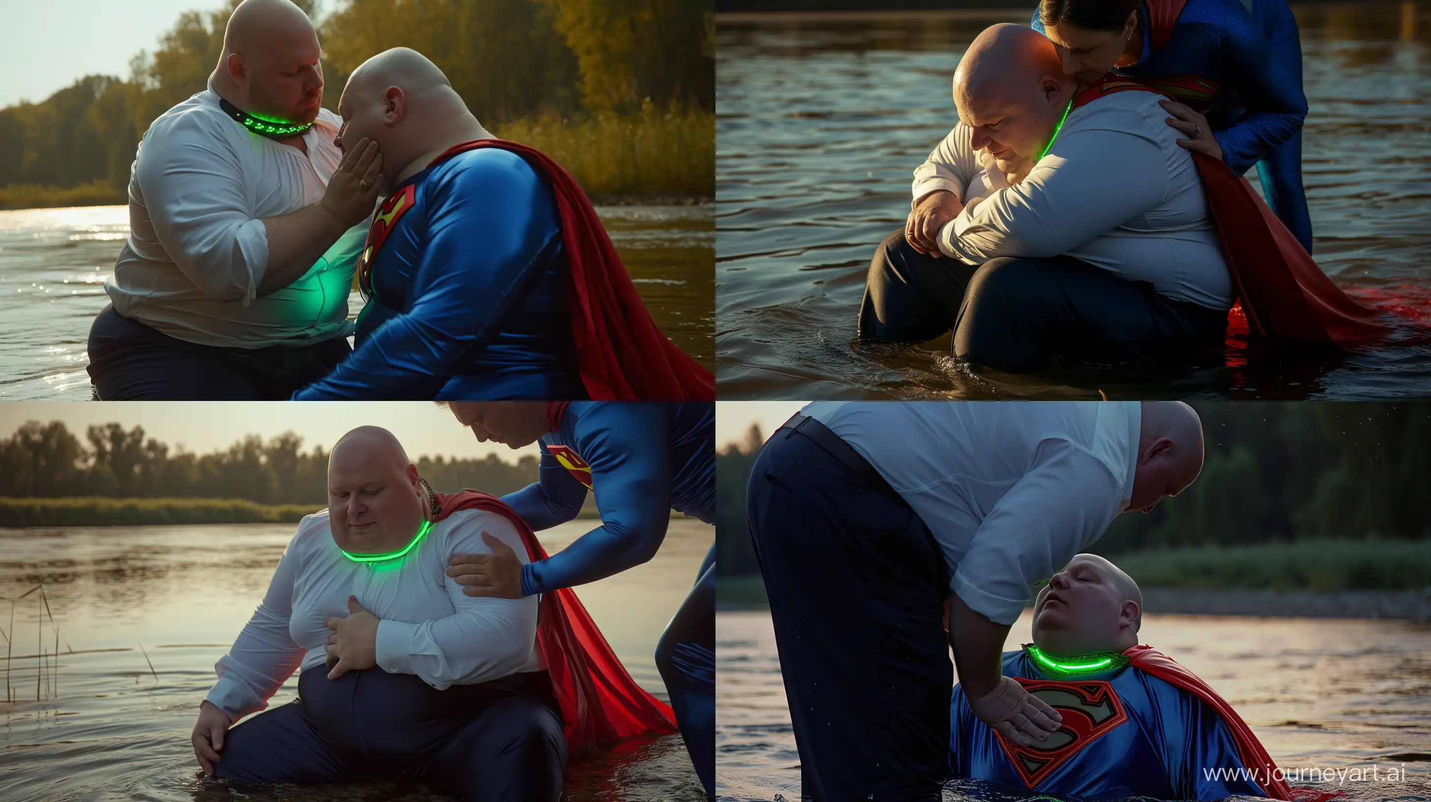 Close-up photo of a fat man wearing silk navy business pants and a white shirt. Bending and putting a tight green glowing neon dog collar on the nape of a fat man aged 60 wearing a tight blue superman costume with a red cape sitting in the water. Bald Clean Shaven. Daylight. River. --style raw --ar 16:9