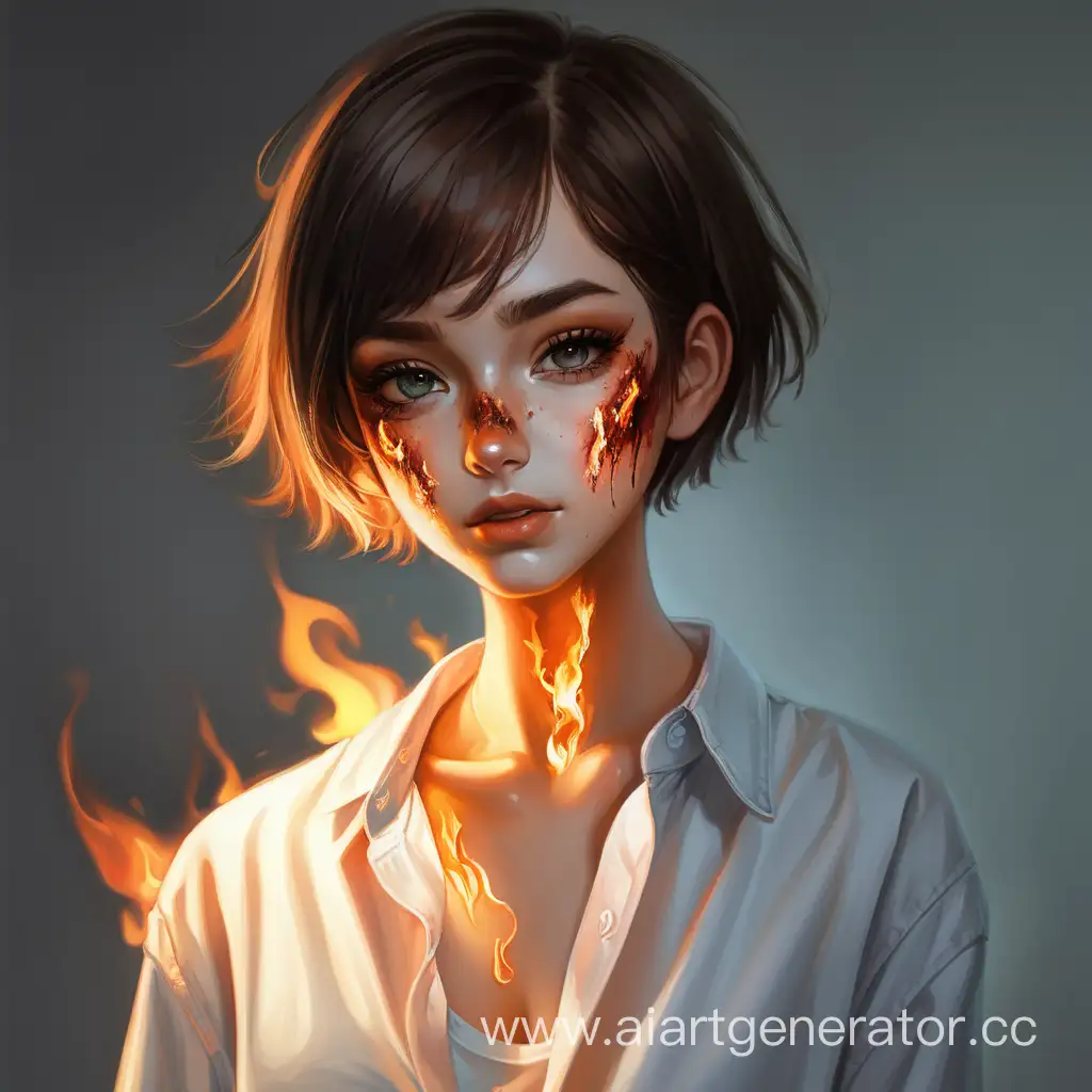 красивая девушка с ожегом на лице и короткими волосами в рубашке в полный рост