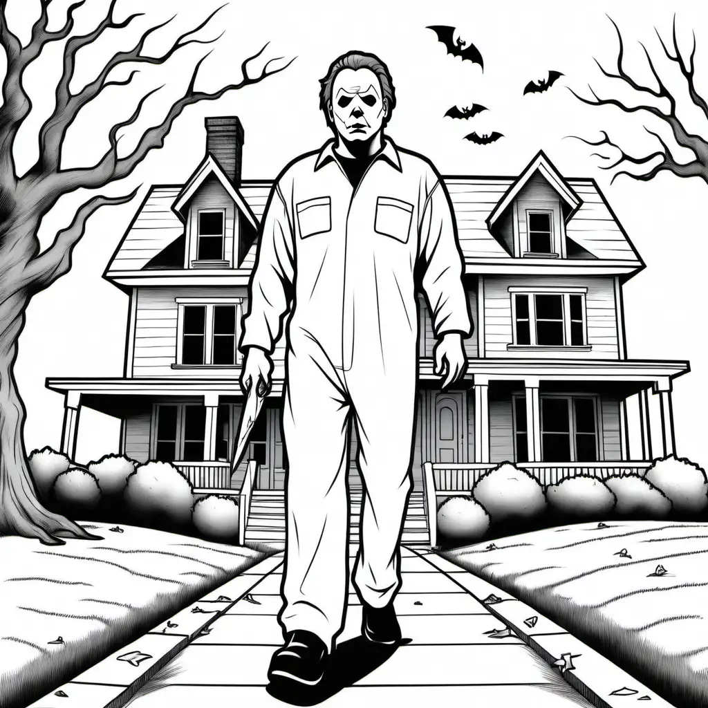 a simple black and white coloring book outline of scary Michael Myers walking away from his old house in 'Halloween' film