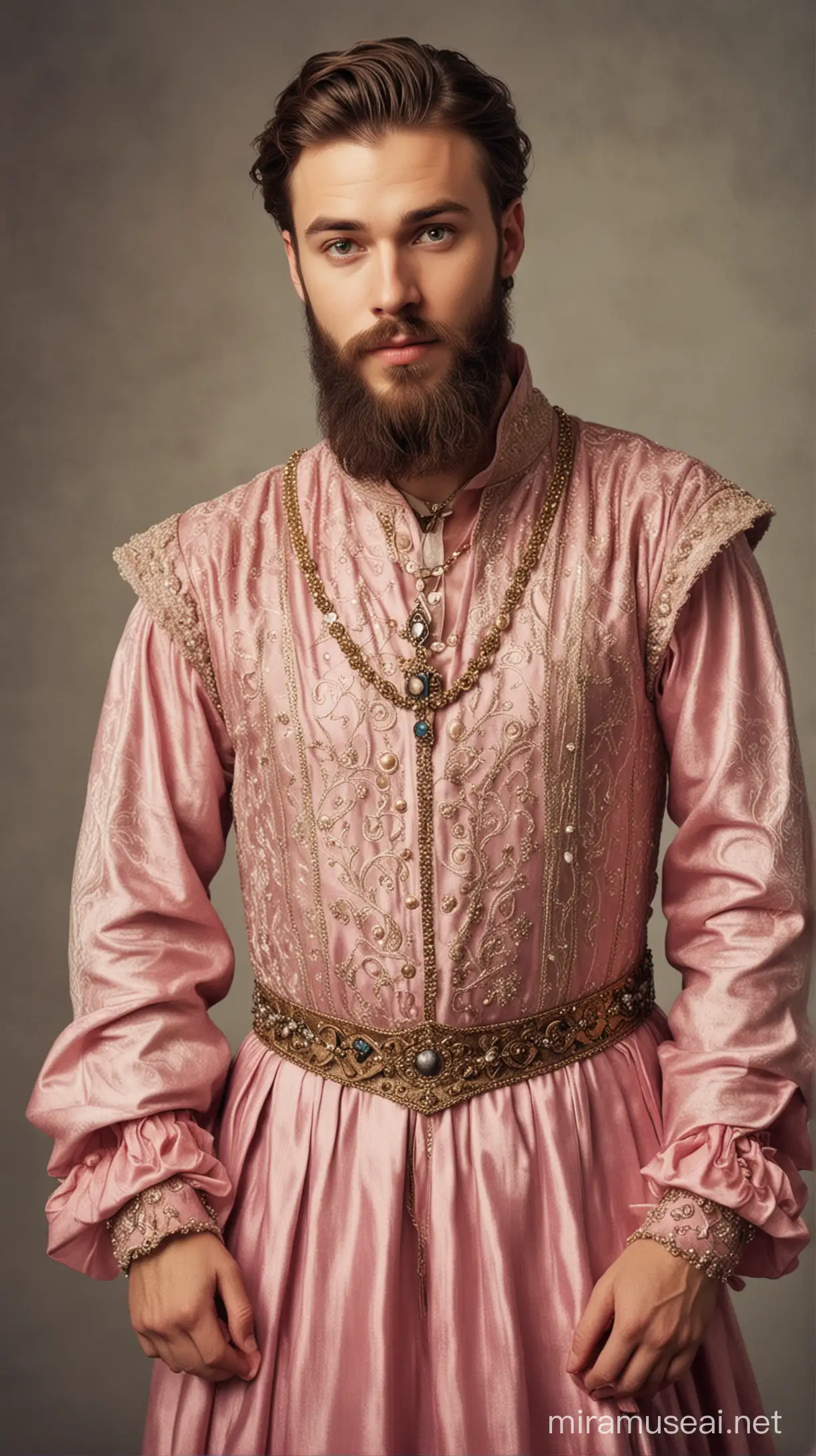 not too good looking gay guy with a beard dressed in medieval women's princess dress