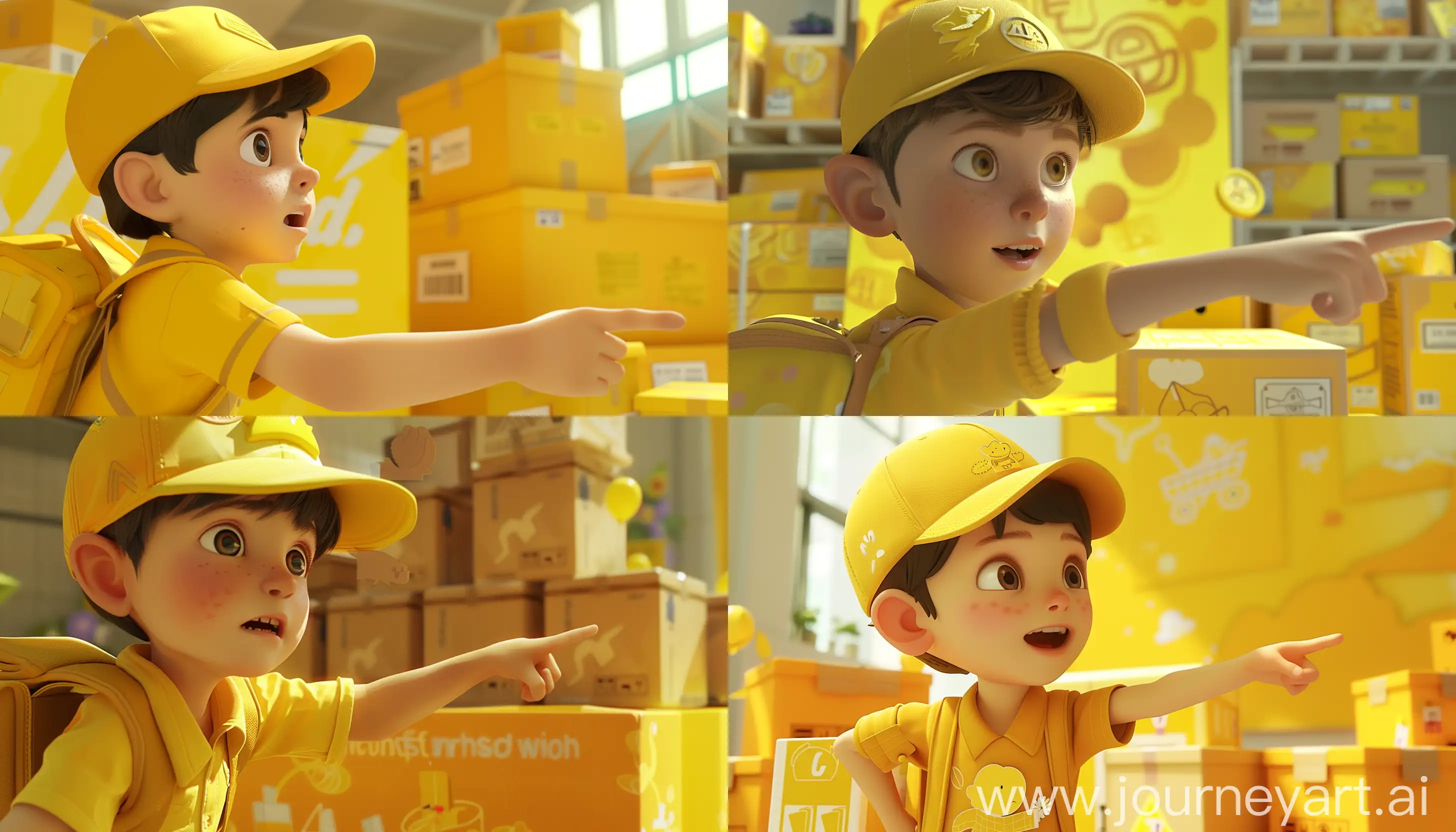 a banner with a yellow theme and a yellow background, a boy with a yellow hat and yellow clothes pointing to the right, boxes in the scene, close up on the boy, practicing almost everything with a yellow theme, using the best design techniques, lighting, color of the best animations of the world, using ray tracing techniques, 4k image, better CGI; --ar 21:12 --v 6.0