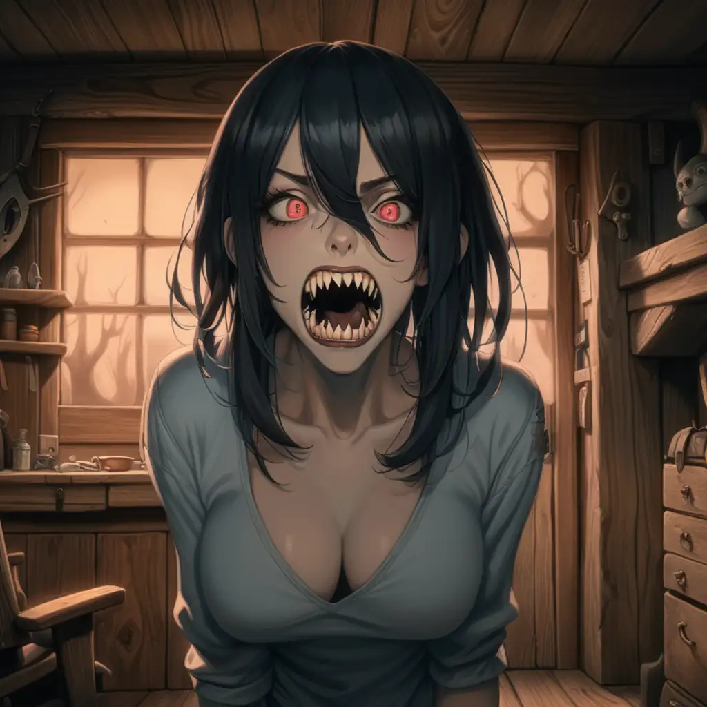 Art Style: Anime

Composition:
- The woman is positioned in the center of the frame, her open mouth dominating the scene, stretching impossibly wide with her unhinged jaw and sharp teeth on display. She leans forward slightly, peering into her own gaping maw with a mix of curiosity and intensity.
- The cabin forms the backdrop, with dim lighting enhancing the eerie atmosphere. 

Subject:
- **Character:** Woman with sharp teeth and an unhinged jaw
  - **Body:**
    - **Height:** Average
    - **Build:** Slim
    - **Shape:** Curvaceous
  - **Face:**
    - **Eyes:** Wide and intense
    - **Nose:** Petite
    - **Lips:** Parted, revealing sharp teeth
    - **Hair:** Long and flowing
    - **Complexion:** Fair
  - **Clothing:**
    - **Style:** Lingerie
    - **Colors:** Dark hues
    - **Accessories:** None

- **Setting:**
  - The cabin interior is rustic yet cozy, with wooden walls and a small fireplace in the background. The light filtering through the windows casts eerie shadows, adding to the surreal ambiance.

Atmosphere/Mood:
- The mood is eerie and unsettling, heightened by the woman's unnaturally wide mouth and intense gaze. There's a sense of intrigue and perhaps a hint of danger as she peers into her own abyssal maw.