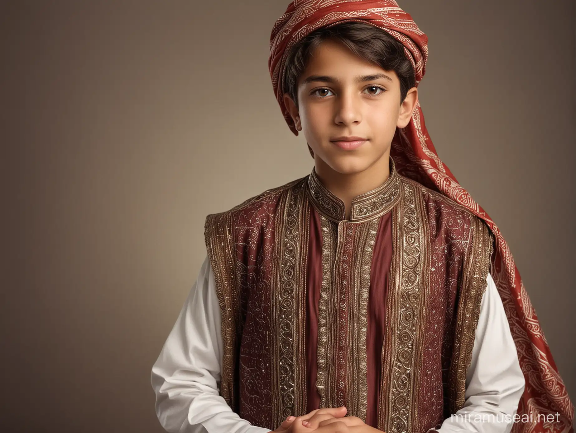 Craft a realistic photo featuring a 13-year-old boy elegantly dressed in arab clothes