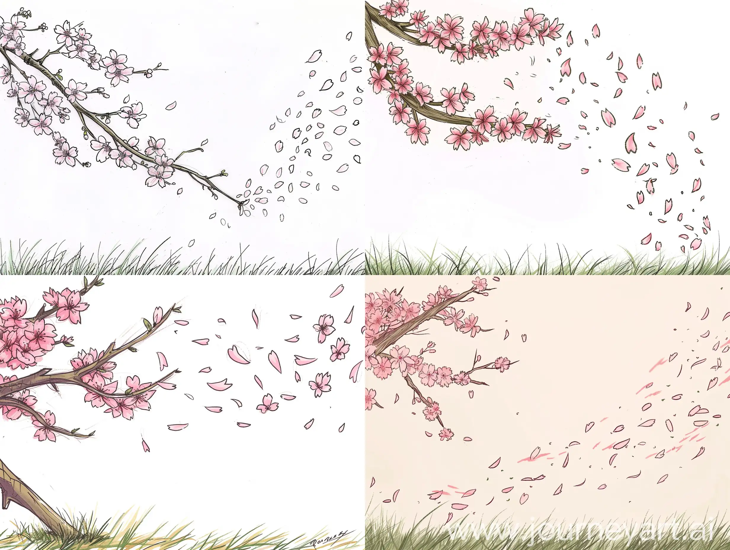 I want a colored sketch of a thick branch of cherry blossoms coming out of the top left side of the sketch and a lot of petals flying in the wind, diagonally right away from the branch. And a mid sized branch. With some grass on the bottom of the sketch. 