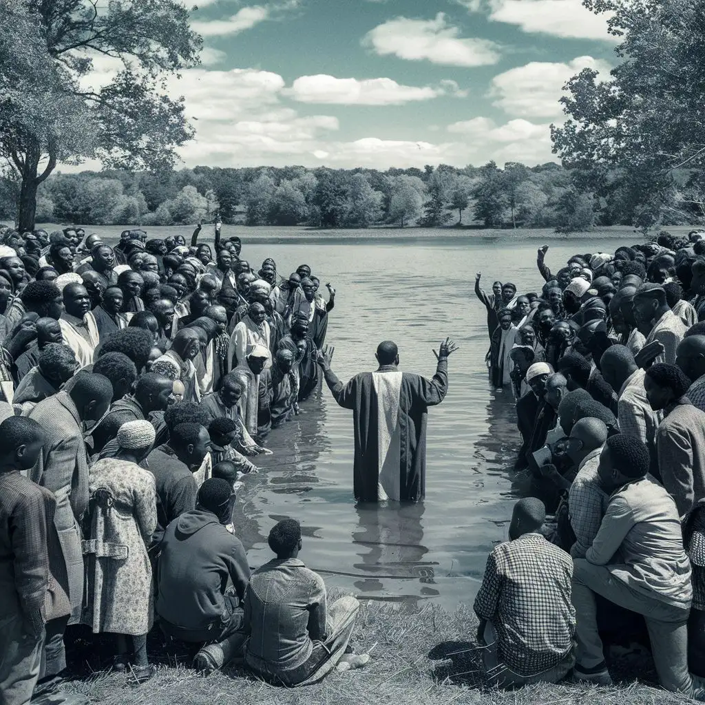 African-American crowed watching , baptizing at the lake, 1910
