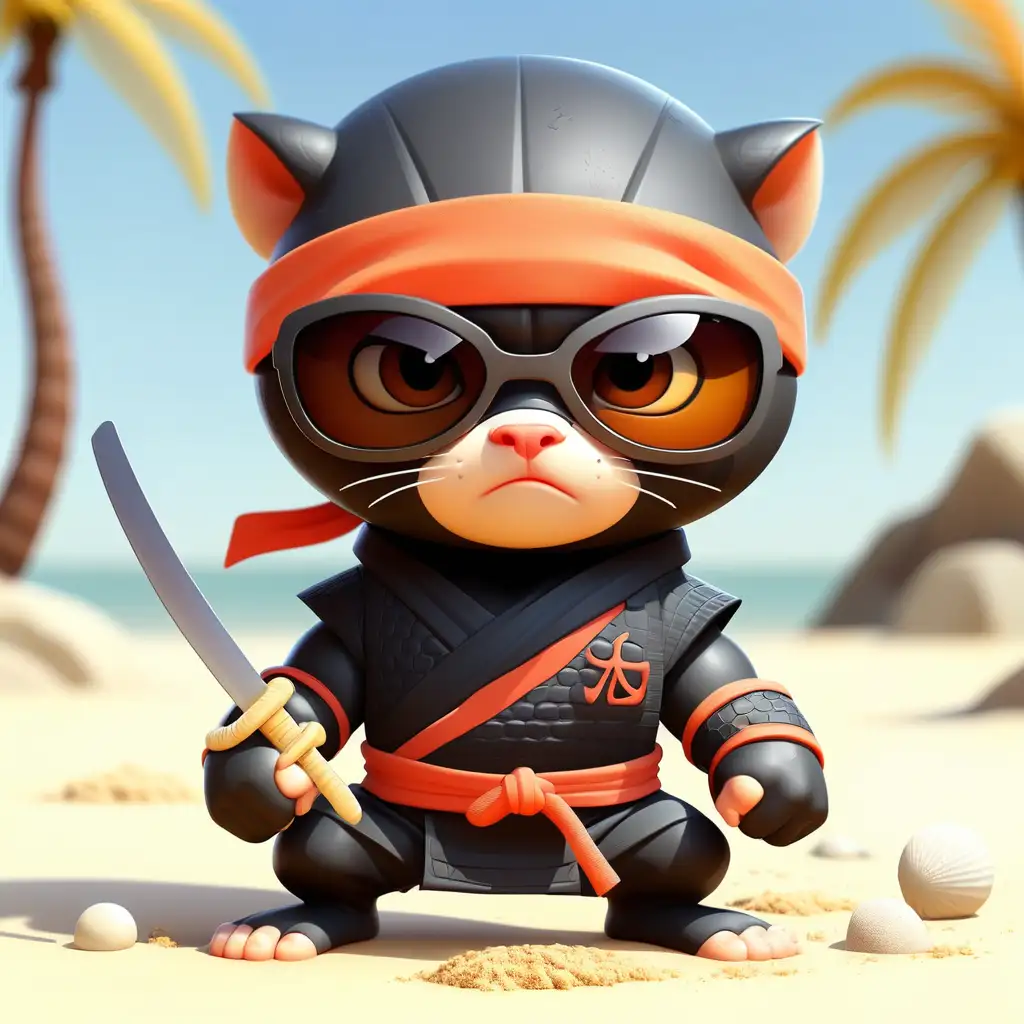 Kleiner sehr süßer Kinder Ninja, ein starkes Tier, Sonnenbrille auf, am Strand , hohe Details , Cartoon Style 