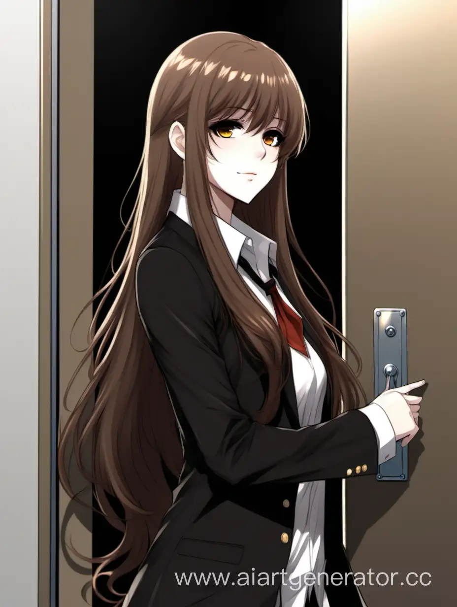 Аниме девушка с распущенными длинными коричневыми волосами и челкой смотрит оборачиваясь в стиле Mystic Messenger облокачивается о дверь в полный рост