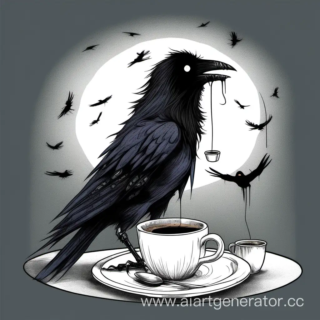 Ворона с бессонницей и чашкой кофе смешная, нарисованая, сумасшедшая